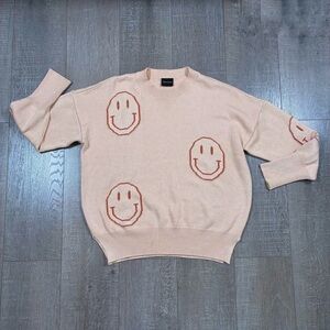 MIOU MUSE Cozy Tan Oversized Smiley Face Sweater Size L
